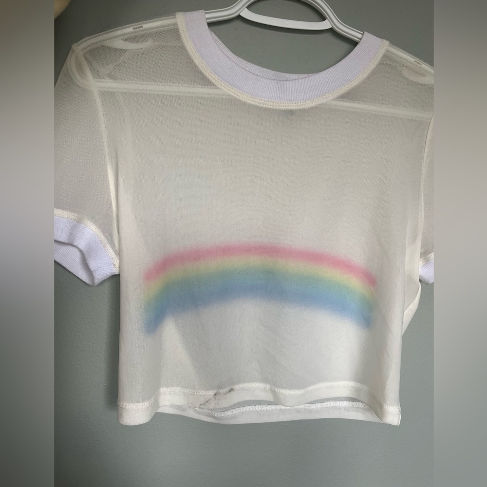 Sheer White Crop Top with Rainbow Design
